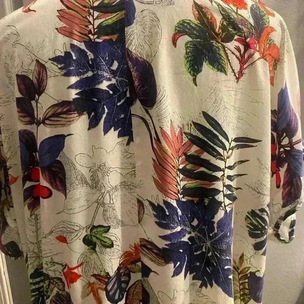 Emery Rose colorful top with plant prints drawstring hem & batwing sleeves XL - Picture 7 of 10